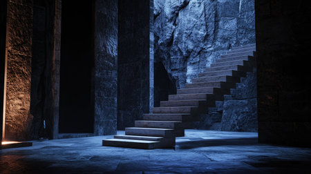 A striking staircase rises through a dark stone hall, illuminated by shadows and light, evoking a sense of mystery and exploration in an artistic environment.の素材
