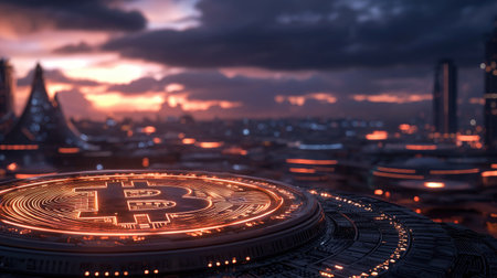 A stunning graphic showcasing a Bitcoin symbol glowing against a vibrant city skyline during sunset. This represents the future of digital currency and investment.の素材