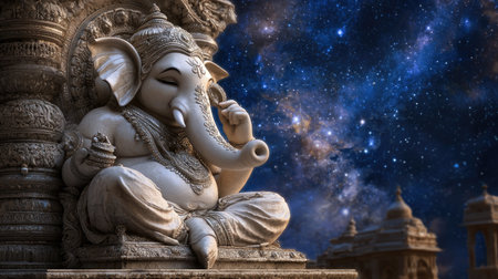 A stunning sculpture of Ganesh is set against a mesmerizing starry night sky, blending art and spirituality. This serene image captures the essence of tranquility and divine energy.の素材