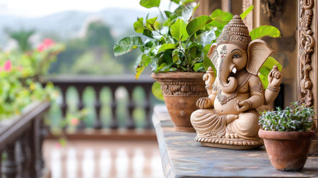 This beautiful Ganesha statue captures tranquility, surrounded by lush greenery. Perfect for spiritual decor in homes or gardens, evoking peace and harmony.の素材