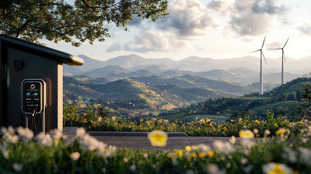 A modern charging station for electric vehicles set against a stunning mountain backdrop. Wind turbines generate renewable energy amidst a vibrant landscape.の素材