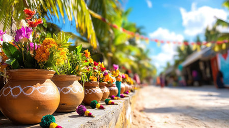 Vibrant flower pots line a tropical pathway, creating a colorful atmosphere for a festive celebration. Lush greenery and bright blooms enhance the joyous setting.の素材