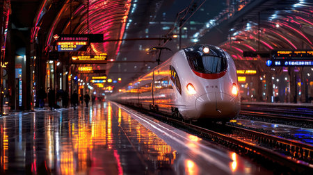 A sleek high-speed train waits at a modern station, illuminated by colorful lights and vibrant reflections on shiny surfaces, showcasing the essence of urban travel.の素材