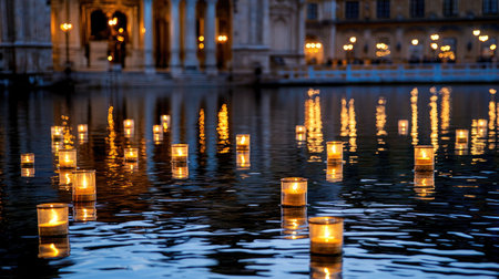 A tranquil evening scene featuring glowing lanterns floating on calm water, creating mesmerizing reflections and an ambiance of peace and beauty.の素材