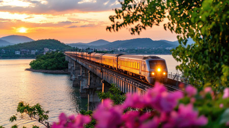A picturesque train travels across a bridge at sunset, surrounded by lush nature and mountains. This vibrant scene captures the essence of adventure and tranquility.の素材