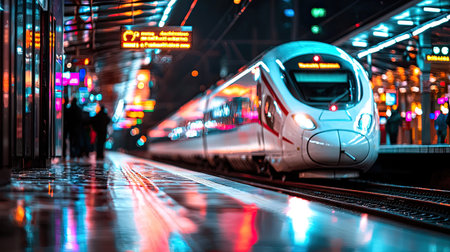A sleek high-speed train arrives at a busy urban station at night, illuminating the wet platform below. The scene captures the essence of modern transportation and vibrant city life.の素材