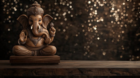 A beautiful wooden Ganesh statue resting on a rustic table, surrounded by a blurred, sparkling background. This image symbolizes spirituality and cultural richness, perfect for decor.の素材