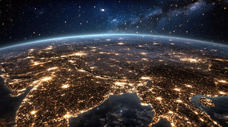 Breathtaking aerial view of Earth at night, showcasing glowing city lights against a starry sky, highlighting the beauty and vibrancy of the world.の素材