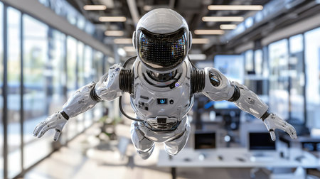 A futuristic robot is flying in a modern office environment, showcasing advanced technology and innovation in design. Ideal for themes of automation and progress.の素材