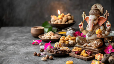 A beautifully arranged altar featuring Lord Ganesha amidst sweets and flowers. This image captures the essence of celebration, devotion, and traditional offerings.の素材