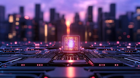 This captivating image features a processor atop a circuit board, glowing in a futuristic cityscape at sunset. Ideal for technology-themed projects.の素材