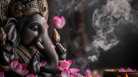 This captivating black Ganesh statue is beautifully adorned with pink lotus flowers and surrounded by gentle smoke from incense, creating a serene atmosphere perfect for spiritual reflection.の素材