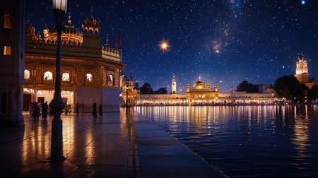 A tranquil night scene of the Golden Temple surrounded by shimmering water and sparkling stars, showcasing the stunning architecture and peaceful atmosphere.の素材
