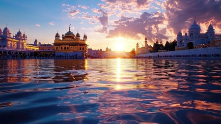 Experience a breathtaking view of the Golden Temple at sunset, showcasing stunning reflections in the tranquil water. A perfect blend of beauty and spirituality.の素材
