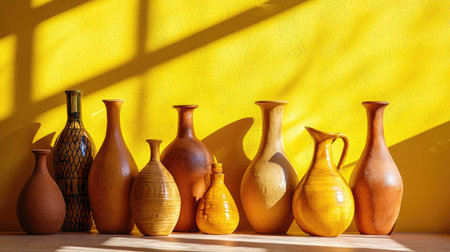 This image showcases a stunning array of various decorative vases in warm shades, beautifully arranged against a bright yellow backdrop, emphasizing art and color.の素材