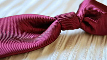 A close-up image of an elegant burgundy silk tie showcasing its rich texture and smooth finish. Ideal for formal occasions or fashion presentations.の素材