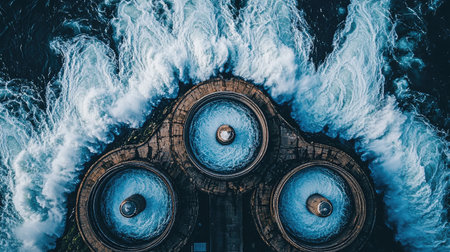 This stunning aerial image captures three circular water pools surrounded by crashing waves, showcasing the dynamic beauty of ocean energy and natural patterns.の素材