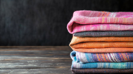 A beautifully arranged stack of vibrant textiles showcases a rich variety of colors and textures, perfect for adding warmth and style to any setting.の素材