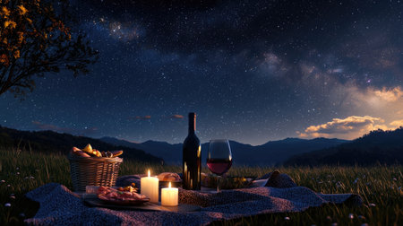 Enjoy a romantic outdoor picnic set against a breathtaking starry sky, featuring wine, candles, and delicious food in a tranquil natural environment.の素材