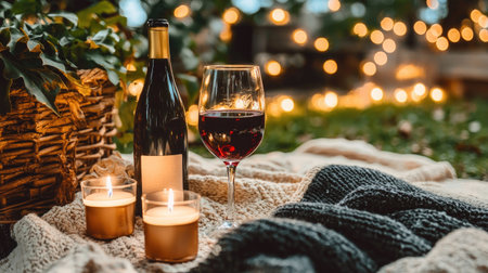 A cozy outdoor evening scene featuring a bottle of wine, a glass, and warm candles, all set against a backdrop of twinkling fairy lights, perfect for relaxation.の素材