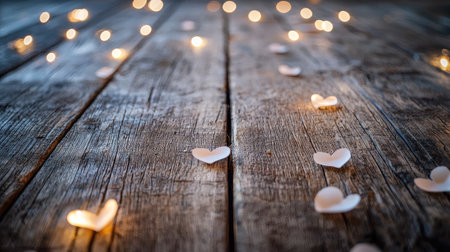 A romantic setup featuring delicate heart shapes and soft candlelight on a rustic wooden table, perfect for evoking love and warmth in any setting.の素材