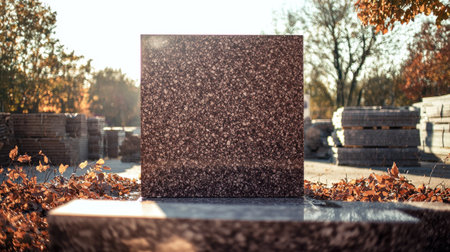 A beautiful granite stone slab placed outdoors surrounded by autumn leaves, showcasing its rich texture under warm sunlight for artistic display.の素材