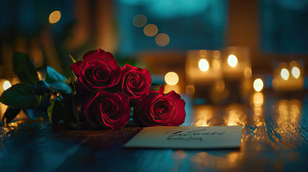 This enchanting still life features vibrant red roses, a delicate greeting card, and glowing candles, creating a romantic atmosphere perfect for special occasions.の素材