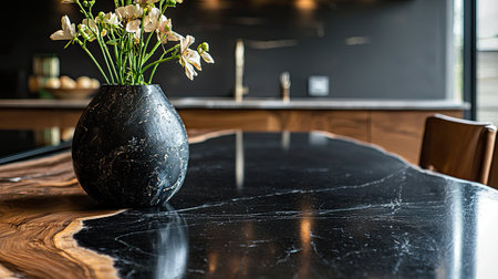 A stylish black marble table adorned with a sleek vase filled with fresh flowers, showcasing modern elegance and natural beauty in a contemporary kitchen setting.の素材