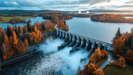 This stunning aerial image showcases a dam on a serene river, framed by vibrant autumn colors. The cascading water and surrounding landscapes highlight nature's beauty and engineering marvel.の素材
