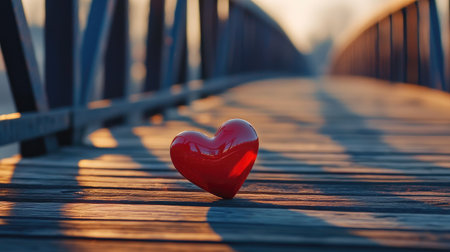 A beautiful red heart rests on a wooden bridge at sunset, casting soft shadows. This image evokes feelings of love and tranquility in a serene setting.の素材
