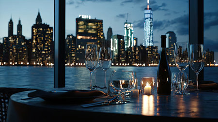 A beautifully set dining table overlooking a stunning city skyline at night. The atmosphere is romantic with soft candlelight, perfect for a special evening.の素材