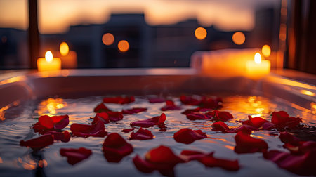 Enjoy a serene moment in a luxurious bath surrounded by floating rose petals and soft candle light. Perfect for relaxation and indulgence.の素材