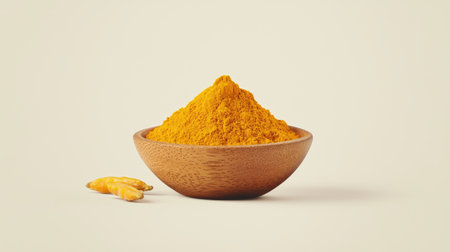 Enjoy the vibrant color and earthy aroma of turmeric powder in a wooden bowl, accompanied by fresh turmeric roots. Perfect for culinary uses and health wellness.の素材