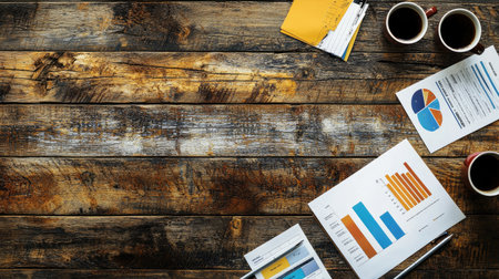 Explore a workspace setup featuring business reports, coffee cups, and a rustic wooden table. Perfect for themes of productivity, analysis, and collaboration.の素材