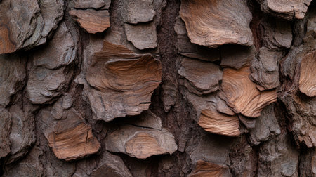 Close-up view of textured brown tree bark showcasing unique natural patterns. Highlighting layers and contours, this image represents the beauty of nature.の素材