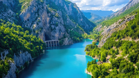 A breathtaking view of a serene river winding through majestic mountains, surrounded by lush greenery and a clear blue sky, perfect for nature lovers.の素材