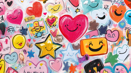 A vibrant and cheerful artwork filled with doodles of hearts, stars, and smiles, capturing the essence of joy, happiness, and creativity in a playful design.の素材