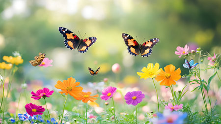 A serene scene of colorful butterflies flying over a vibrant flower garden in spring, showcasing the beauty of nature and the joy of blooming flora.の素材