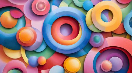 Bright and colorful abstract design featuring layered circles and shapes. This modern artwork showcases vibrant hues and textures, adding depth and energy.の素材