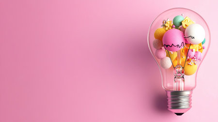 A vibrant light bulb filled with an assortment of colorful sweet treats, set against a soft pink background. Perfect for illustrating creativity and joyful ideas.の素材
