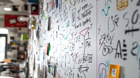 A vibrant wall filled with colorful scribbles and notes in a modern workspace, showcasing creativity and innovative thinking in action. Perfect for themes of collaboration and brainstorming.の素材