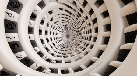 A mesmerizing spiral tunnel featuring alternating black and white patterns. This abstract design creates an illusion of depth and motion, perfect for modern art or creative projects.の素材