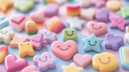 A vibrant display of cute smiling shapes including hearts, stars, and rainbows, perfect for evoking feelings of joy, playfulness, and creativity in designs.の素材