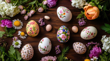 A beautiful composition of decorated Easter eggs placed among fresh spring flowers on a wooden table, capturing the essence of the holiday's vibrant spirit.の素材