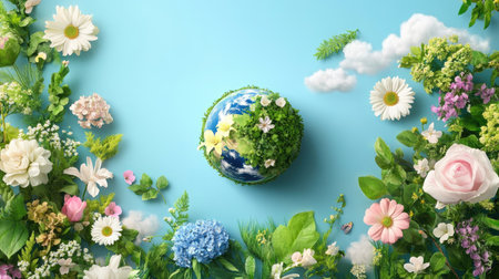 A vibrant globe adorned with fresh flowers against a serene blue sky. This image symbolizes nature's beauty, ecological balance, and vibrant life cycle.の素材