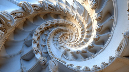 Discover an elegant spiral staircase featuring intricate architectural details, beautifully illuminated in soft light, showcasing stunning design and symmetry.の素材