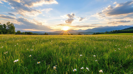 Experience a breathtaking sunset illuminating a lush green field dotted with daisies, framed by majestic mountains under a vibrant sky.の素材