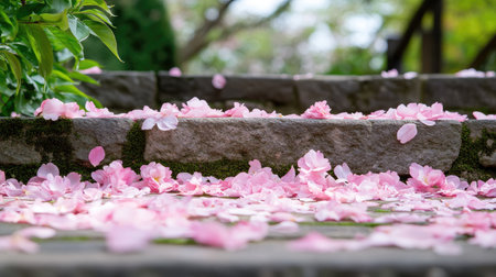 A picturesque scene showcasing soft pink petals scattered on stone steps surrounded by lush greenery, creating a tranquil and inviting atmosphere in a serene garden.の素材