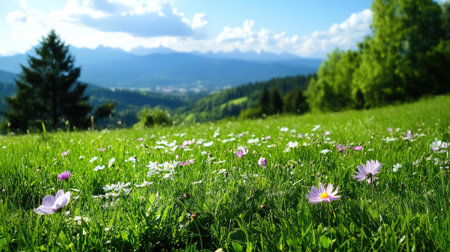 A beautiful landscape capturing blooming flowers in a lush meadow, framed by majestic mountains under a bright blue sky. Ideal for nature enthusiasts.の素材