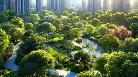 A stunning urban park offering lush greenery, winding pathways, and a serene river. Perfect for relaxation, recreation, and enjoying nature's beauty in a vibrant city.の素材